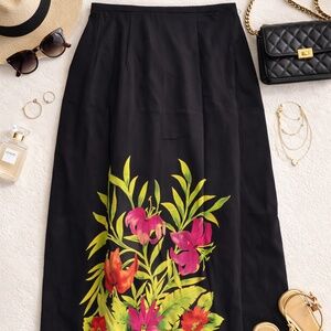 %100 Silk Tropical Floral Black Maxi Skirt